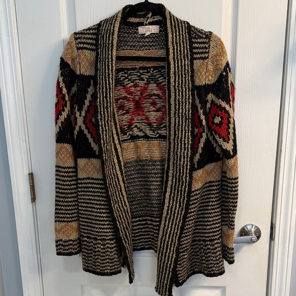 Pink Republic Sweaters - Pink Republic Black, Red, and Tan Patterned Cardigan